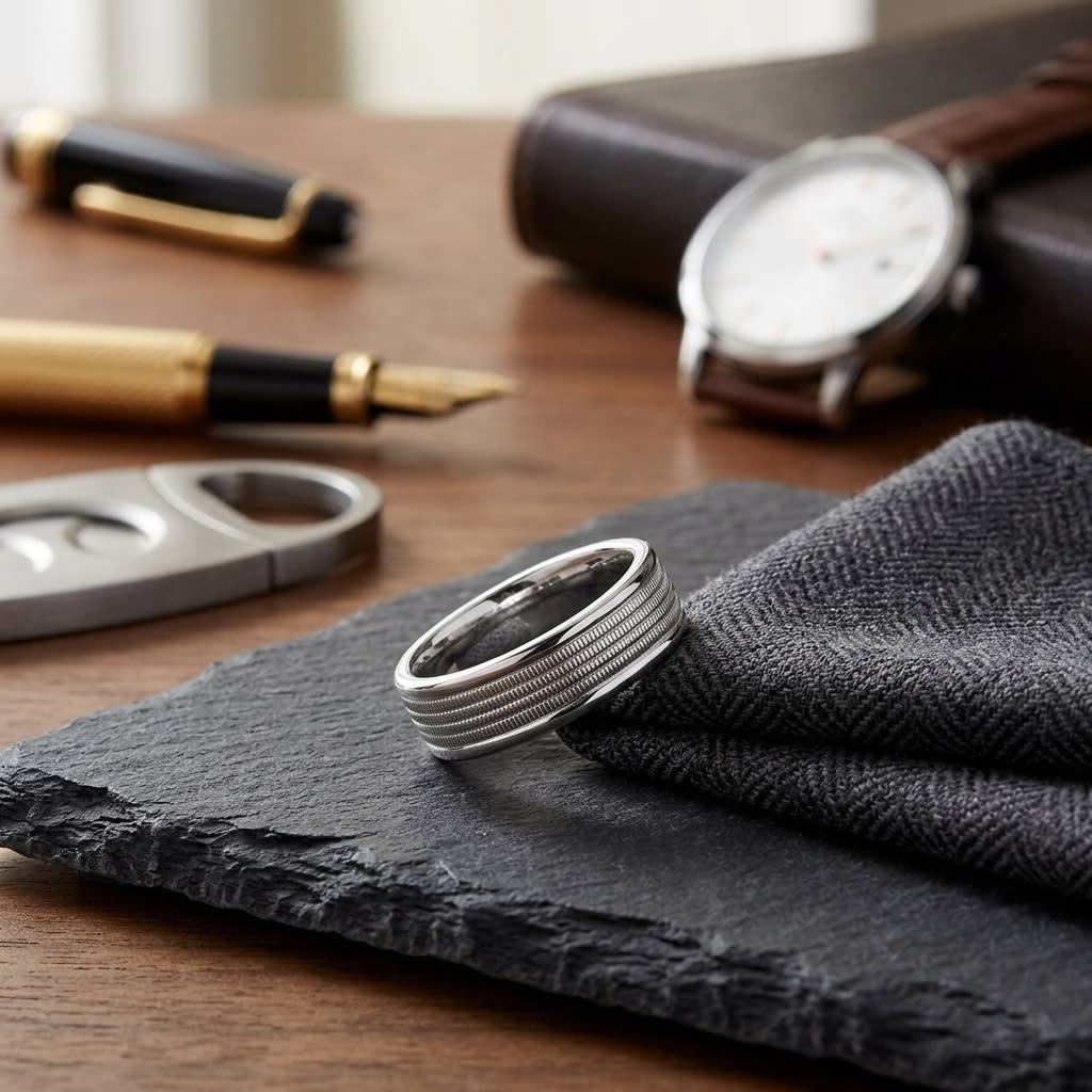 6mm High Polish Milgrain Round Edge Carved Wedding Band in 14K White Gold, on walnut surface with pocket square