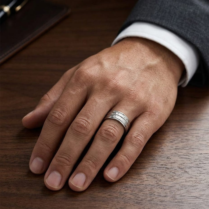 7.5mm High Polish Round Edge Carved Wedding Band in 14K White Gold, worn on hand, masculine full view