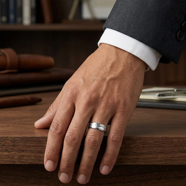 6mm High Polish Round Edge Carved Wedding Band in 14K White Gold, worn on hand, masculine full view