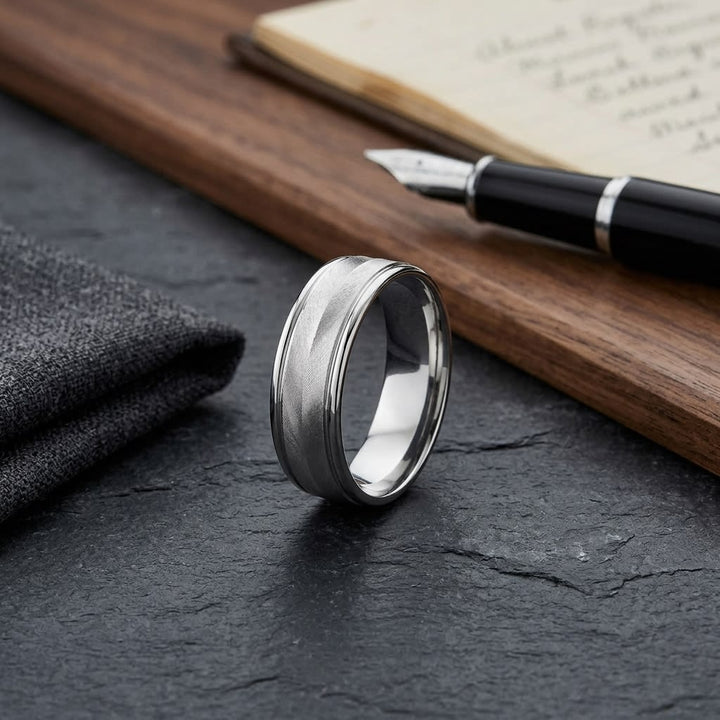 6mm High Polish Round Edge Carved Wedding Band in 14K White Gold, on walnut surface with pocket square