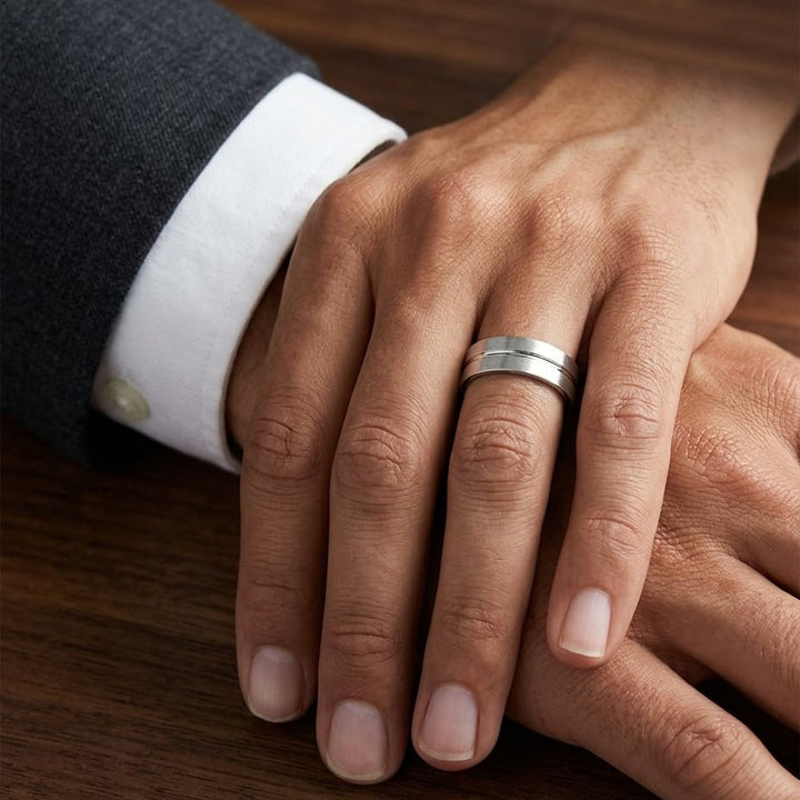 6mm Satin Finish High Polished Center Cut Carved Wedding Band in 14K White Gold, worn on hand, masculine close-up