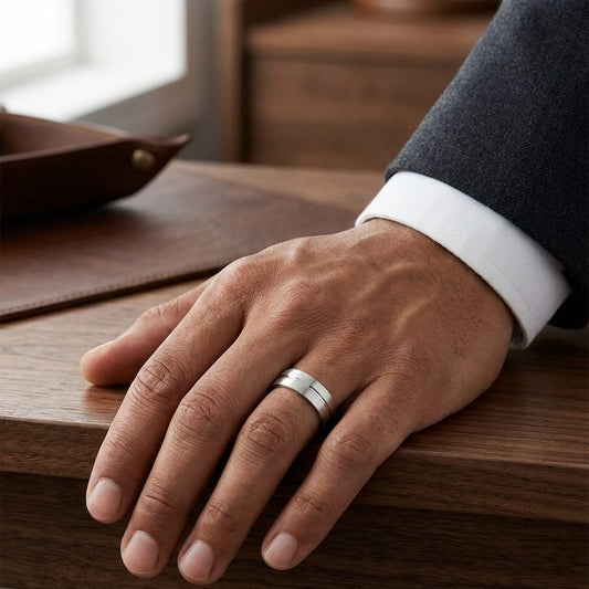 6mm Satin Finish High Polished Center Cut Carved Wedding Band in 14K White Gold, worn on hand, masculine full view