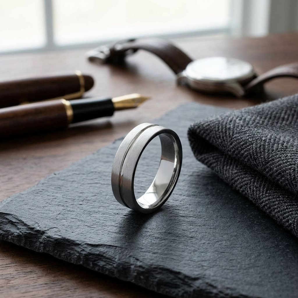 6mm Satin Finish High Polished Center Cut Carved Wedding Band in 14K White Gold, on walnut surface with pocket square