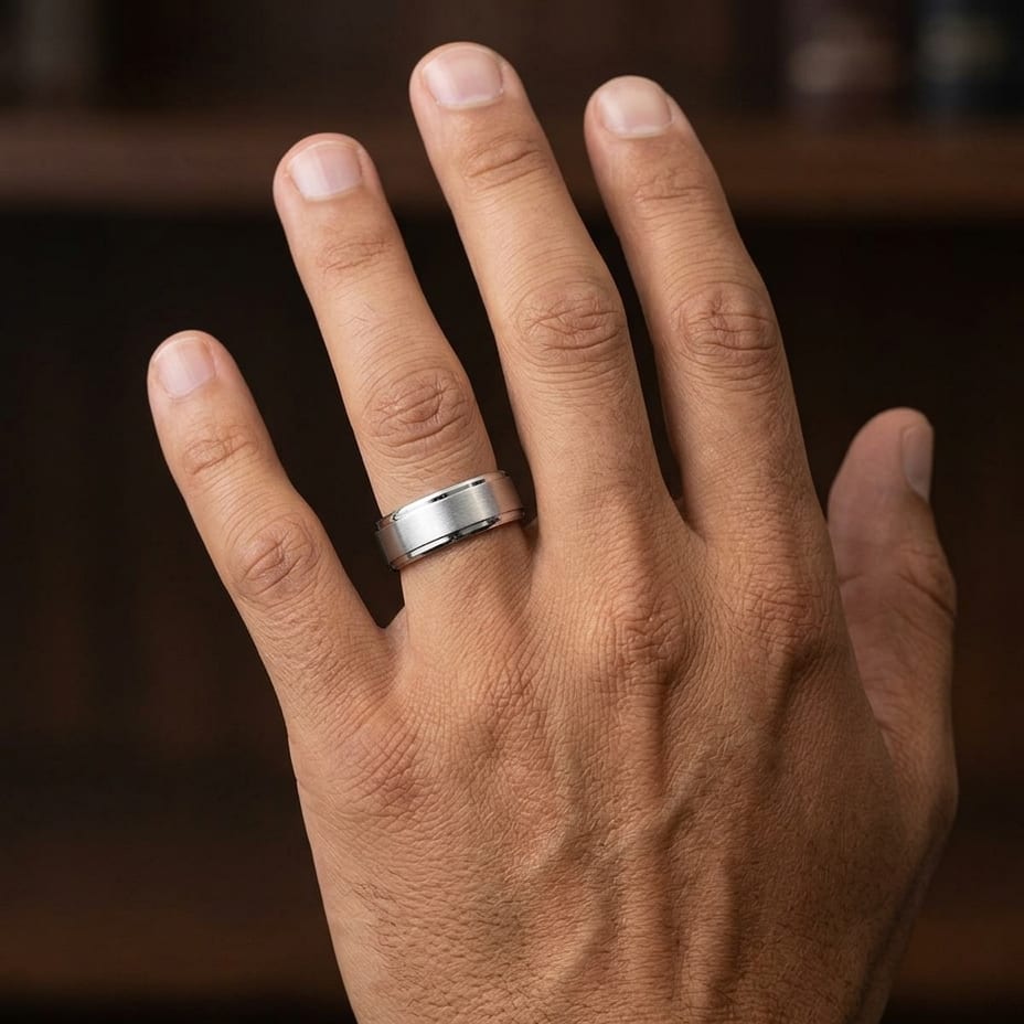 8mm Satin Finish High Polished Beveled Edge Carved Wedding Band in 14K White Gold, worn on hand, masculine close-up