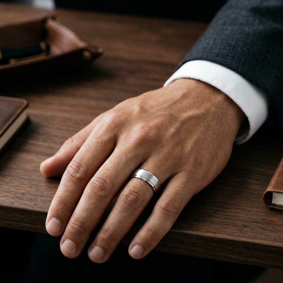 8mm Satin Finish High Polished Beveled Edge Carved Wedding Band in 14K White Gold, worn on hand, masculine full view