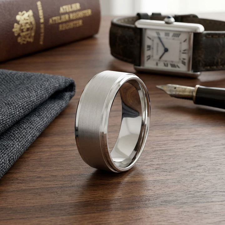 8mm Satin Finish High Polished Beveled Edge Carved Wedding Band in 14K White Gold, on walnut surface with pocket square