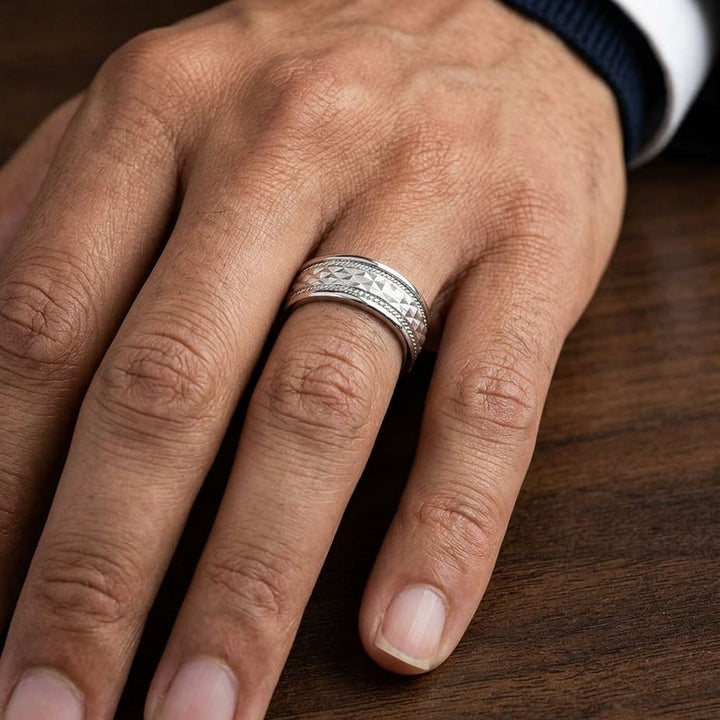 8mm High Polish Cross Hatch Center Carved Wedding Band in 14K White Gold, worn on hand, masculine close-up