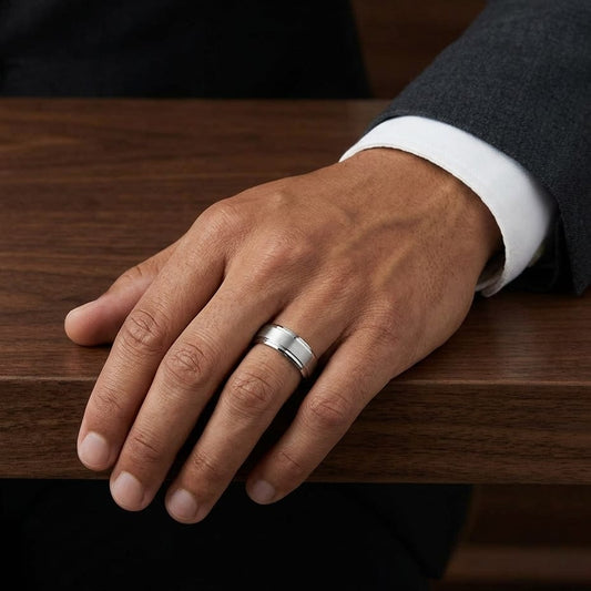 8mm Satin Finish Carved Wedding Band in 14K White Gold, worn on hand, masculine full view