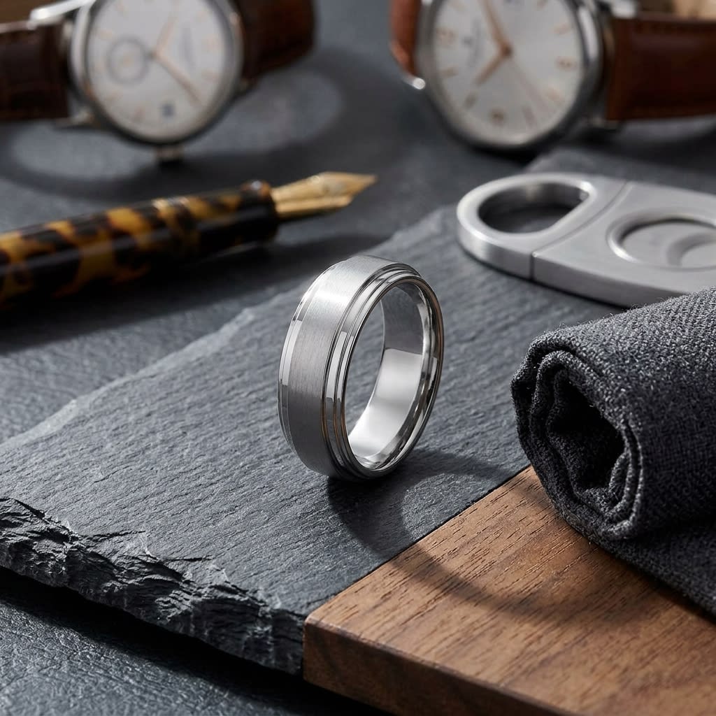 8mm Satin Finish Carved Wedding Band in 14K White Gold, on walnut surface with pocket square