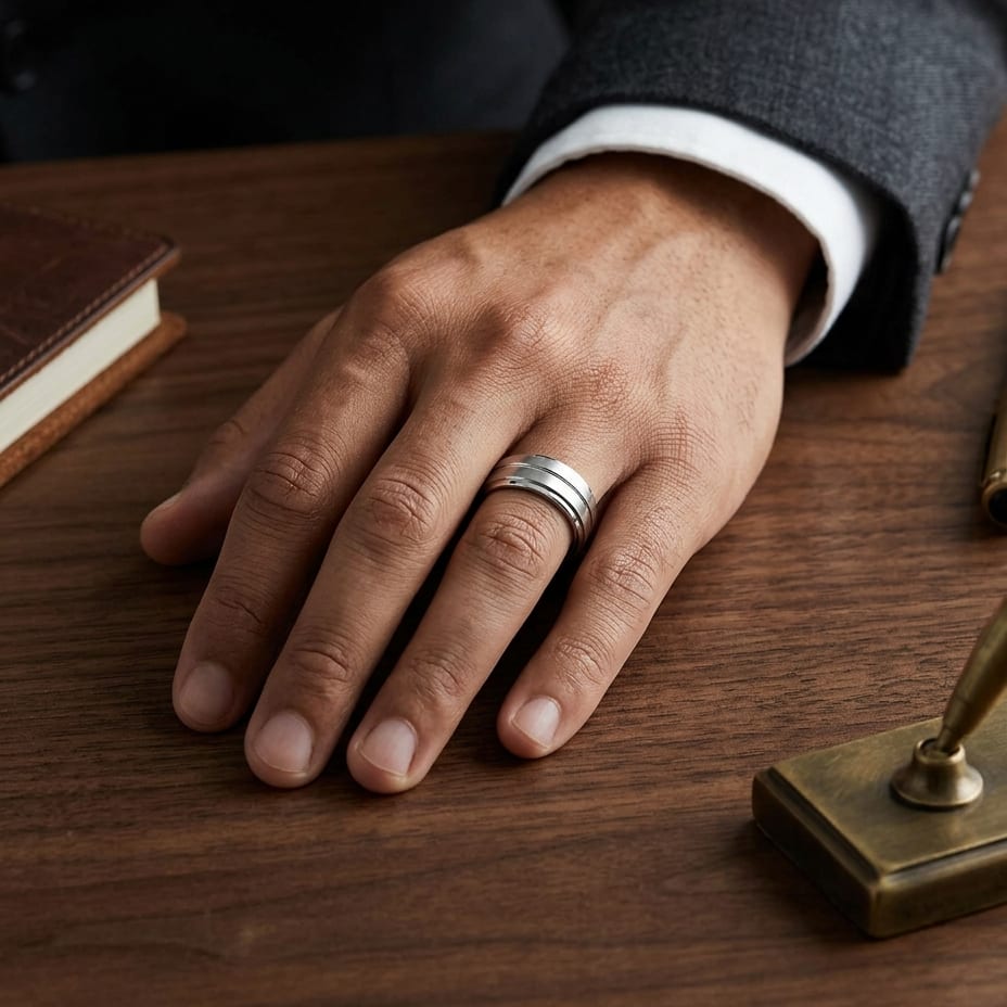 8mm Satin Finish High Polished Center Cut Carved Wedding Band in 14K White Gold, worn on hand, masculine full view