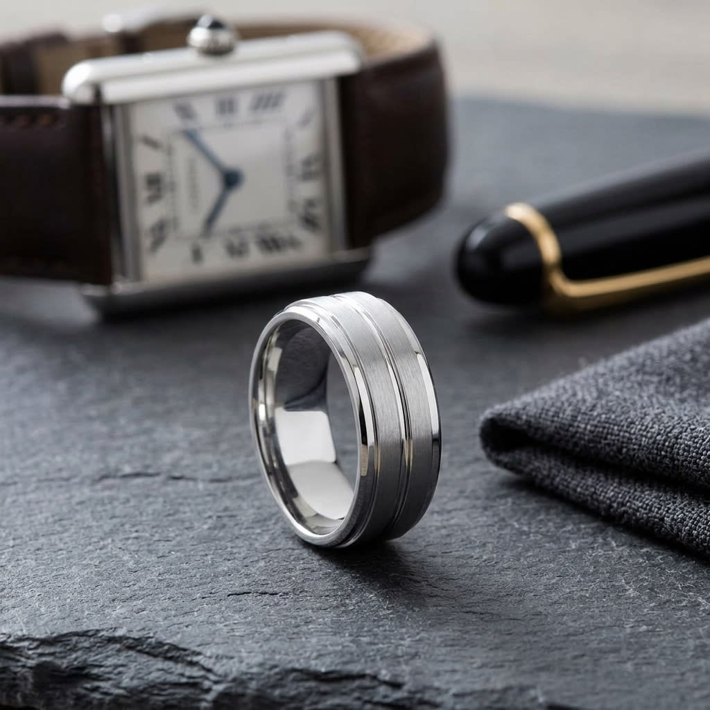 8mm Satin Finish High Polished Center Cut Carved Wedding Band in 14K White Gold, on walnut surface with pocket square