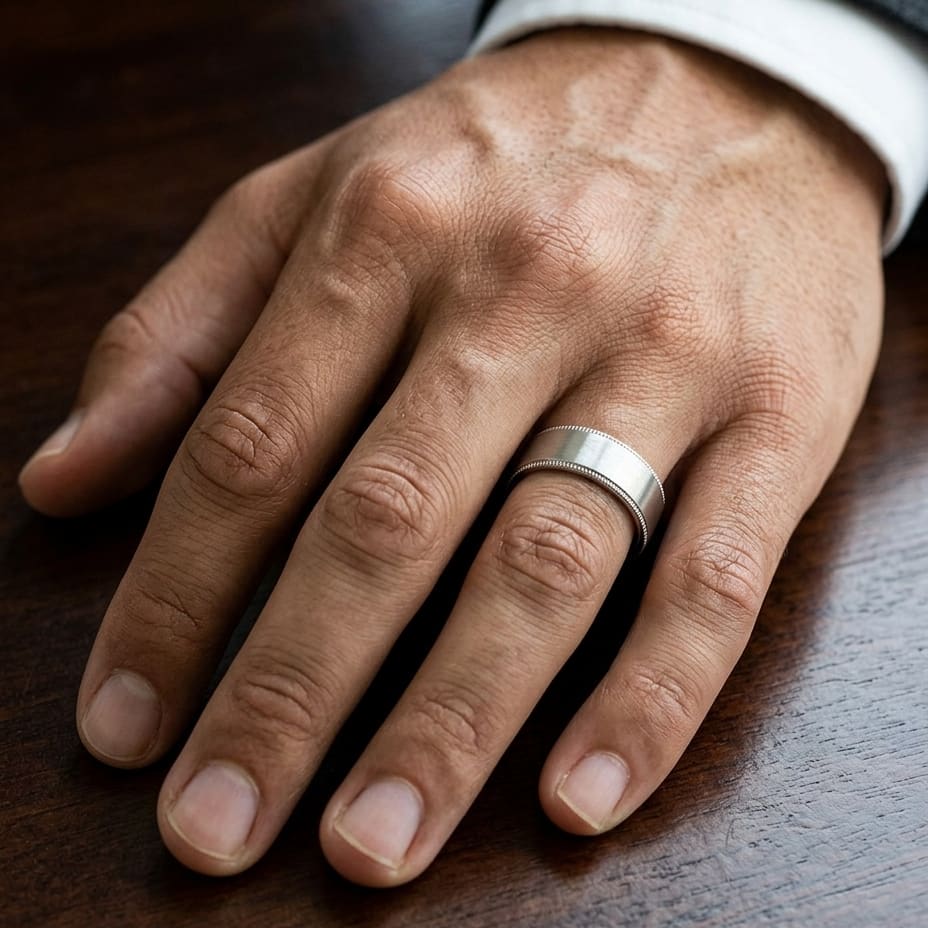 8mm Satin Finish Carved Wedding Band in 14K White Gold, worn on hand, masculine close-up