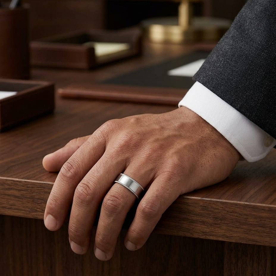 8mm Satin Finish Carved Wedding Band in 14K White Gold, worn on hand, masculine full view
