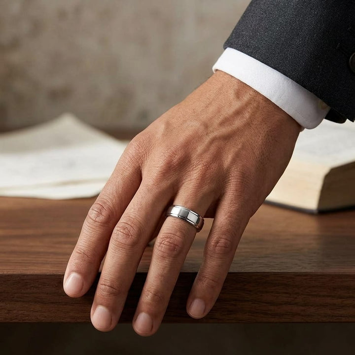 6.5mm Drop Edge High Polish Carved Wedding Band in 14K White Gold, worn on hand, masculine full view