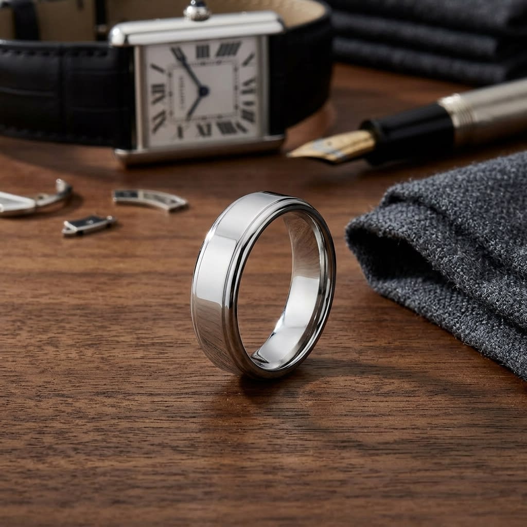 6.5mm Drop Edge High Polish Carved Wedding Band in 14K White Gold, on walnut surface with pocket square