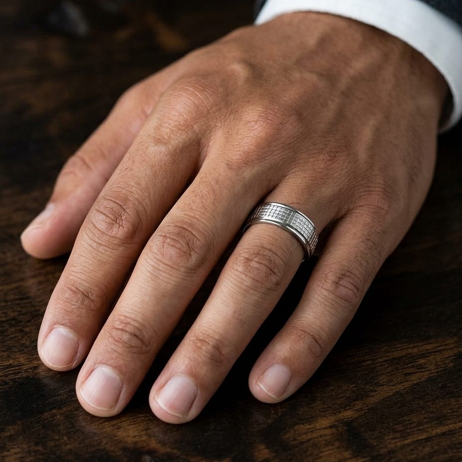 7mm High Polish Cross Hatch Center Carved Wedding Band in 14K White Gold, worn on hand, masculine close-up