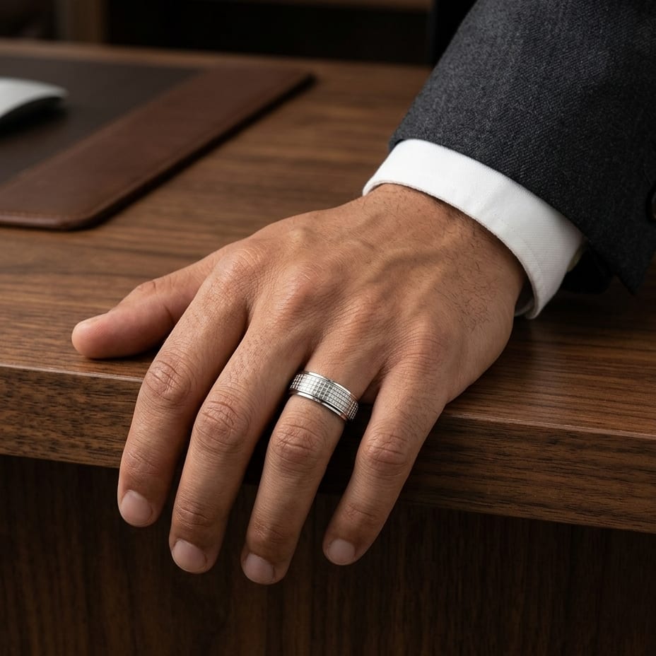 7mm High Polish Cross Hatch Center Carved Wedding Band in 14K White Gold, worn on hand, masculine full view