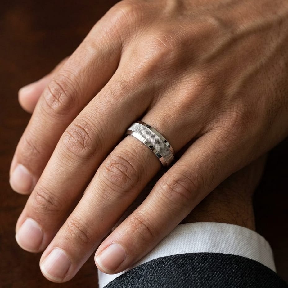 7mm High Polish Cross Hatch Center Carved Wedding Band in 14K White Gold, worn on hand, masculine close-up