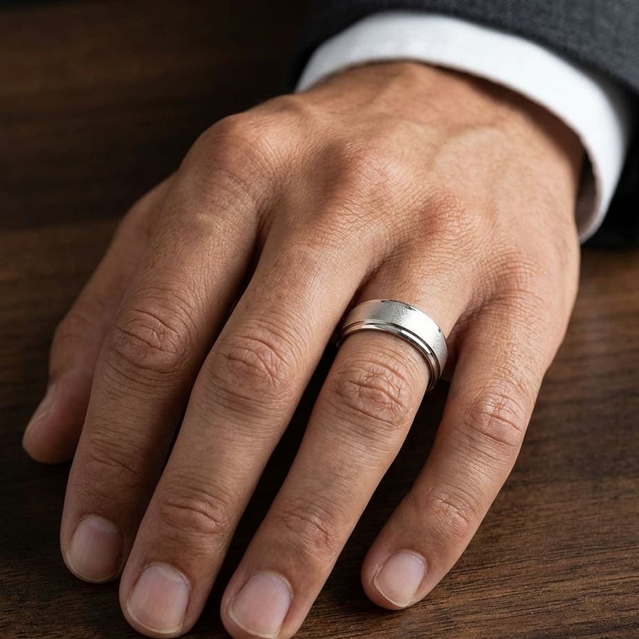 7mm Round Edge Swirl Finish Carved Wedding Band in 14K White Gold, worn on hand, masculine close-up