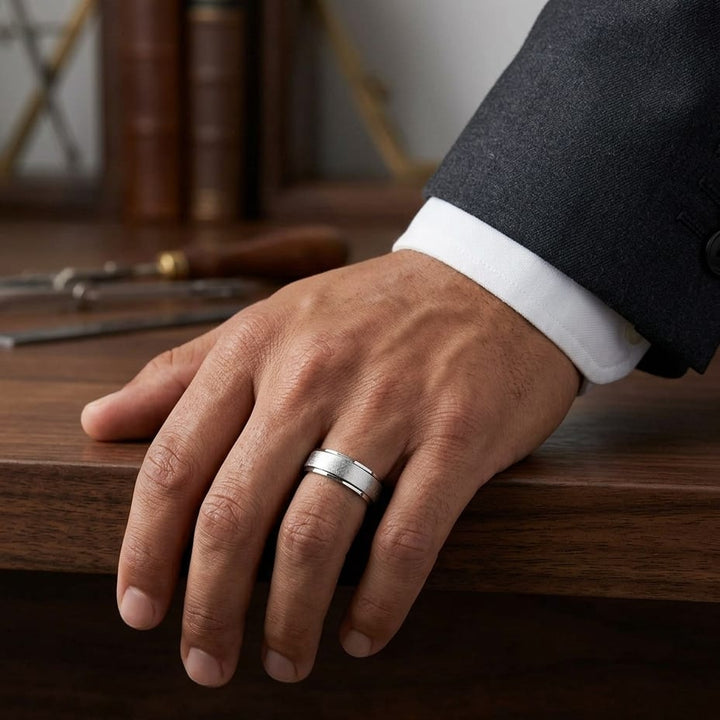 7mm Round Edge Swirl Finish Carved Wedding Band in 14K White Gold, worn on hand, masculine full view