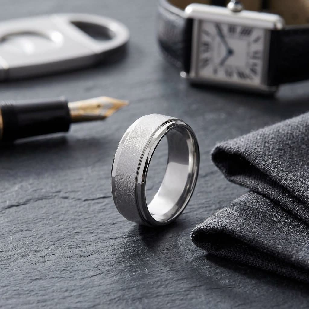7mm Round Edge Swirl Finish Carved Wedding Band in 14K White Gold, on walnut surface with pocket square