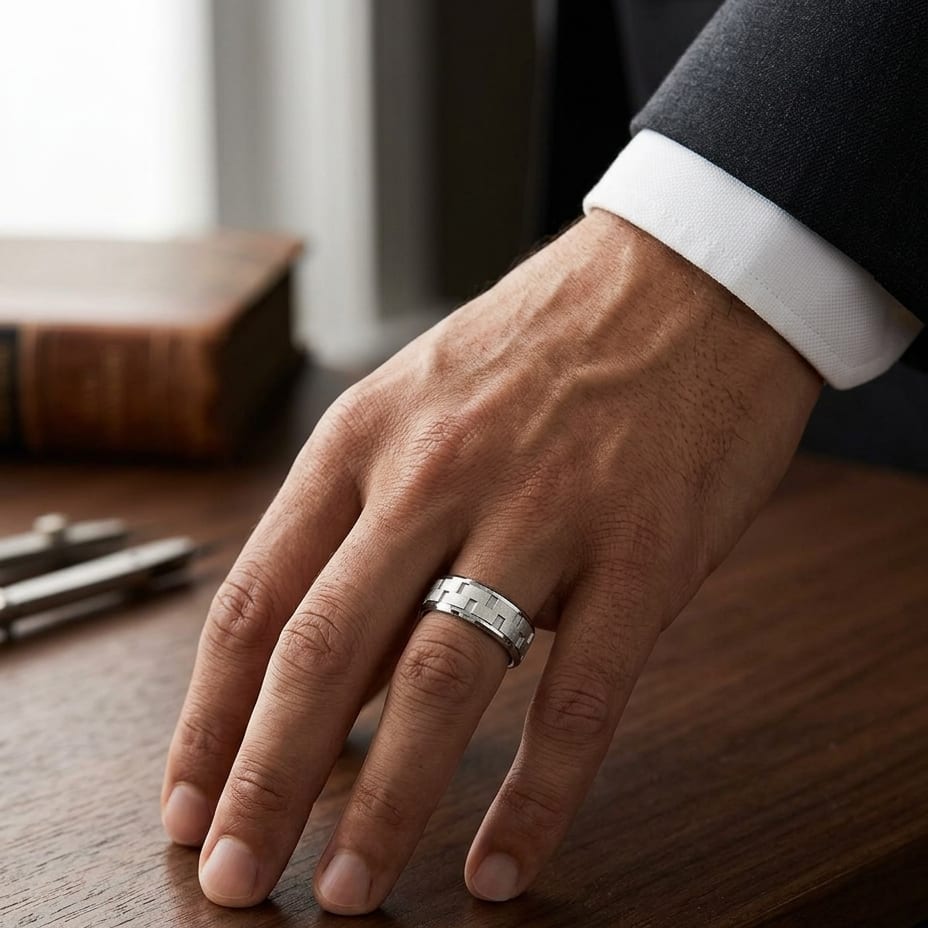8mm Satin Finish Carved Wedding Band in 14K White Gold, worn on hand, masculine full view