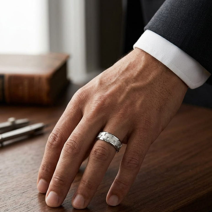 8mm Satin Finish Carved Wedding Band in 14K White Gold, worn on hand, masculine full view