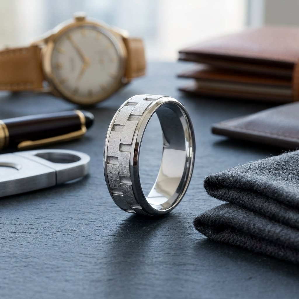 8mm Satin Finish Carved Wedding Band in 14K White Gold, on walnut surface with pocket square