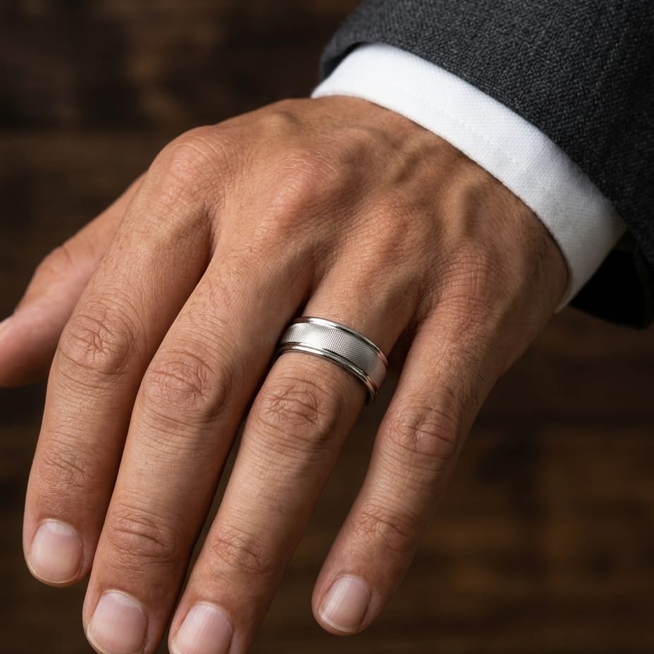 7mm Florentine Center High Polish Round Edge Carved Wedding Band in 14K White Gold, worn on hand, masculine close-up