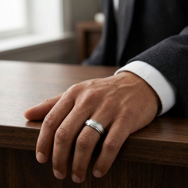 7mm Florentine Center High Polish Round Edge Carved Wedding Band in 14K White Gold, worn on hand, masculine full view