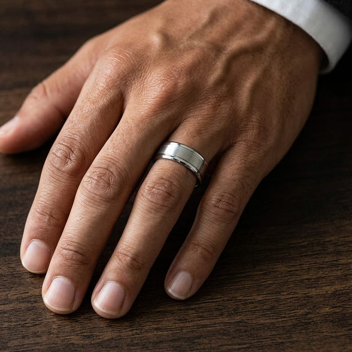 8mm Satin Finish Carved Wedding Band in 14K White Gold, worn on hand, masculine close-up