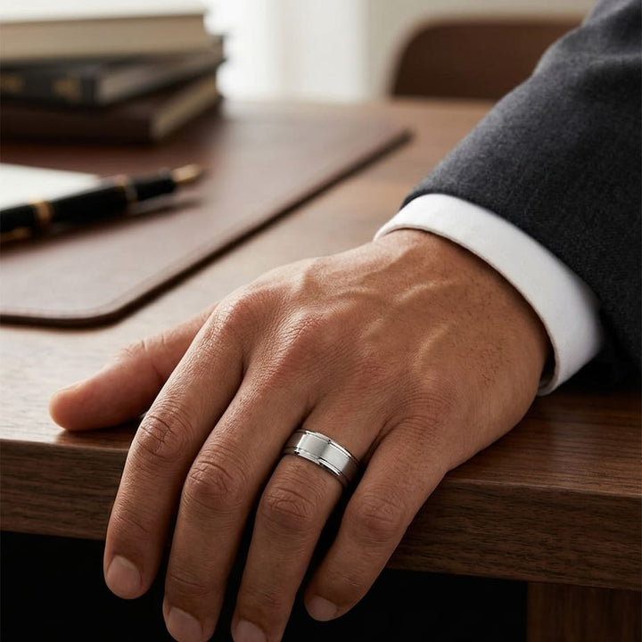 8mm Satin Finish Carved Wedding Band in 14K White Gold, worn on hand, masculine full view