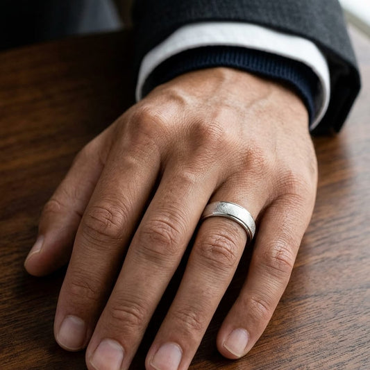 6.5mm Round Edge Swirl Finish Carved Wedding Band in 14K White Gold, worn on hand, masculine close-up