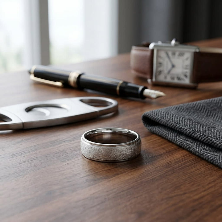 6.5mm Round Edge Swirl Finish Carved Wedding Band in 14K White Gold, on walnut surface with pocket square