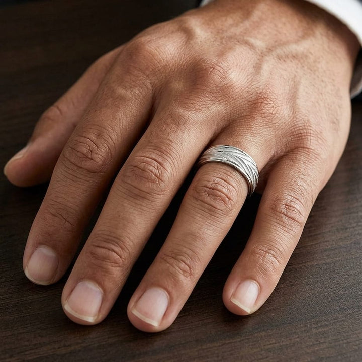 7mm Comfort-Fit Wedding Band in 14K White Gold, worn on hand, masculine close-up