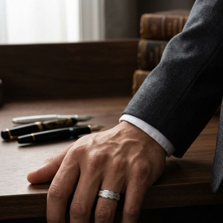 7mm Comfort-Fit Wedding Band in 14K White Gold, worn on hand, masculine full view