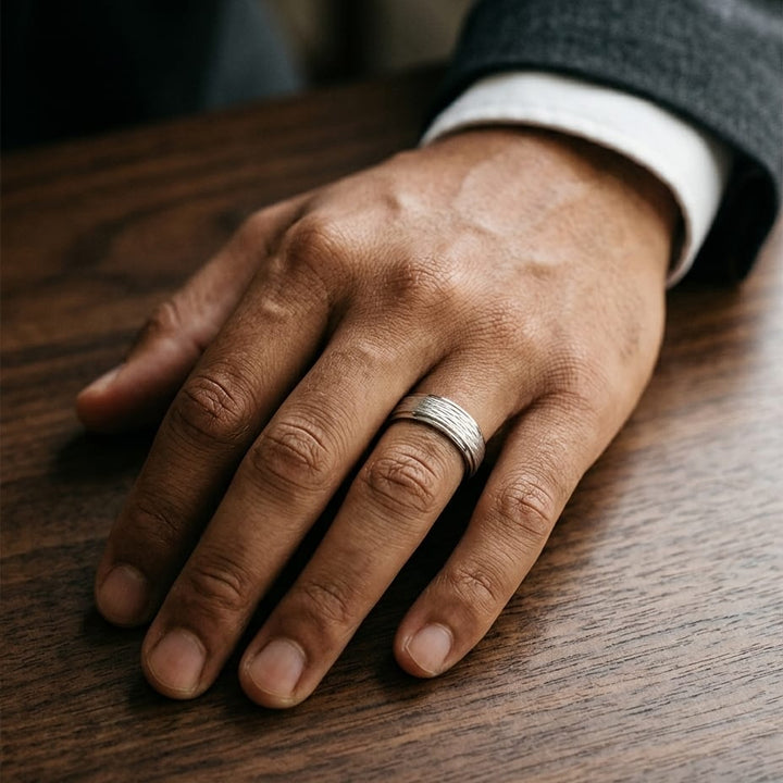 7.5mm Comfort-Fit Wedding Band in 14K White Gold, worn on hand, masculine full view