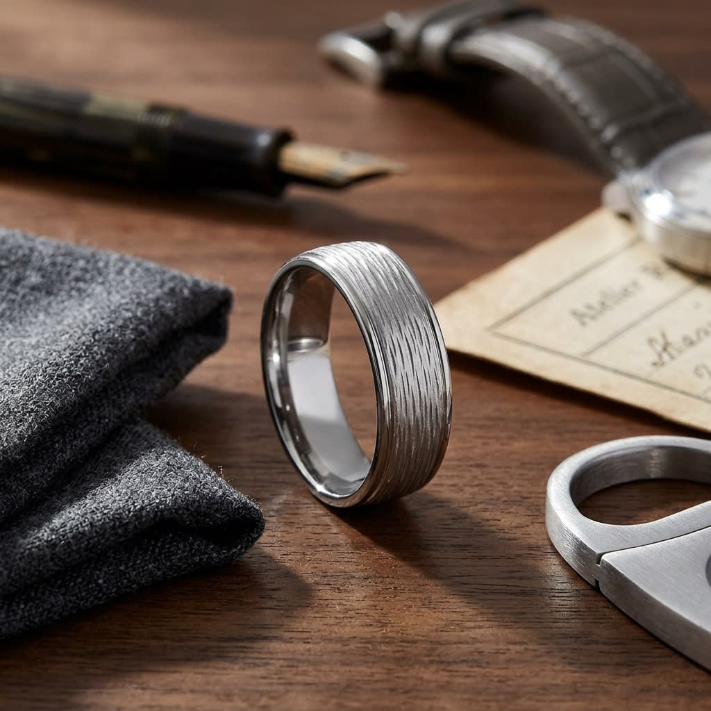 7.5mm Comfort-Fit Wedding Band in 14K White Gold, on walnut surface with pocket square