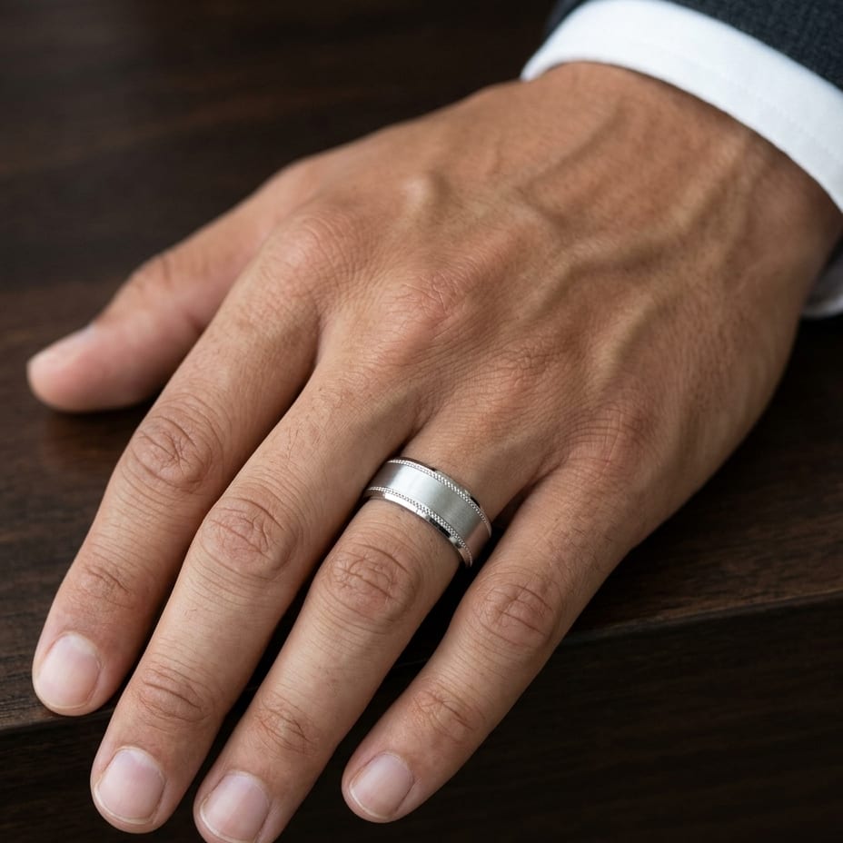 8mm Satin Finish Carved Wedding Band in 14K White Gold, worn on hand, masculine close-up