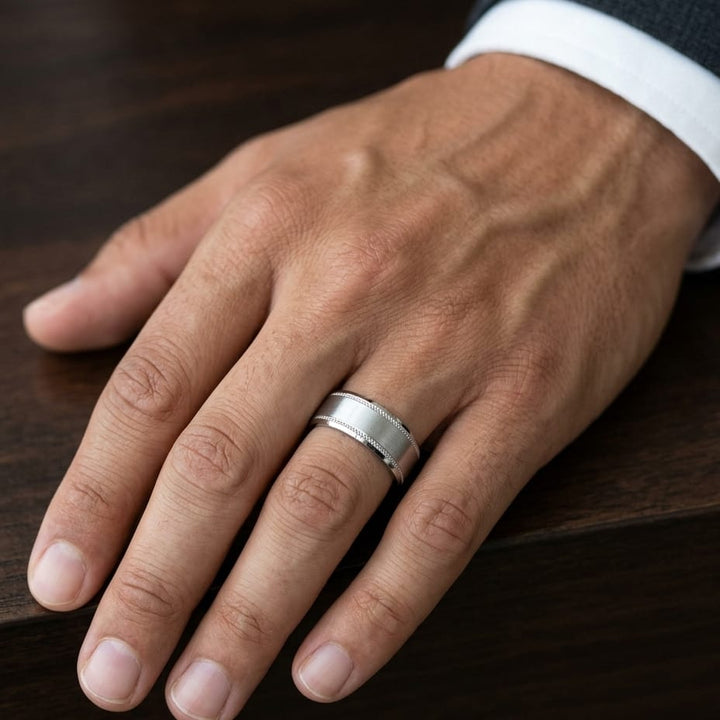 8mm Satin Finish Carved Wedding Band in 14K White Gold, worn on hand, masculine close-up
