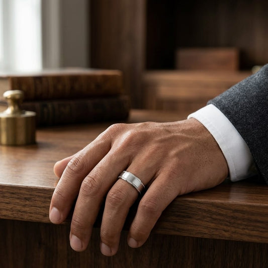 8mm Satin Finish Carved Wedding Band in 14K White Gold, worn on hand, masculine full view