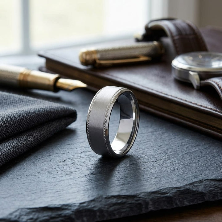 8mm Satin Finish Carved Wedding Band in 14K White Gold, on walnut surface with pocket square