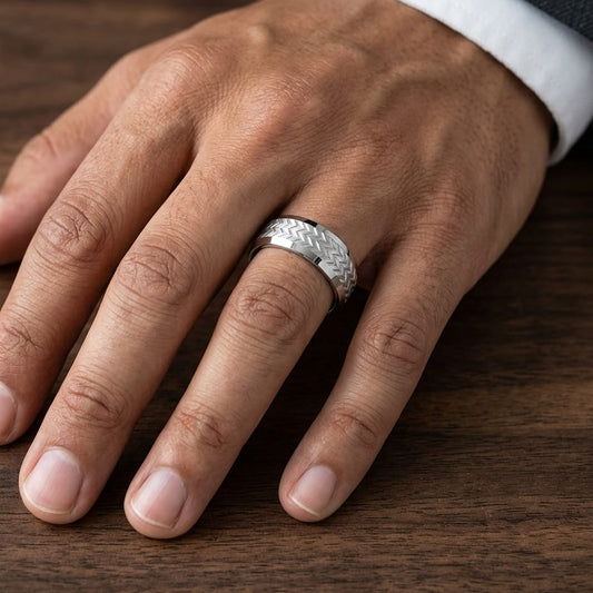 8mm Beveled Edge Treaded Carved Wedding Band in 14K White Gold, worn on hand, masculine close-up