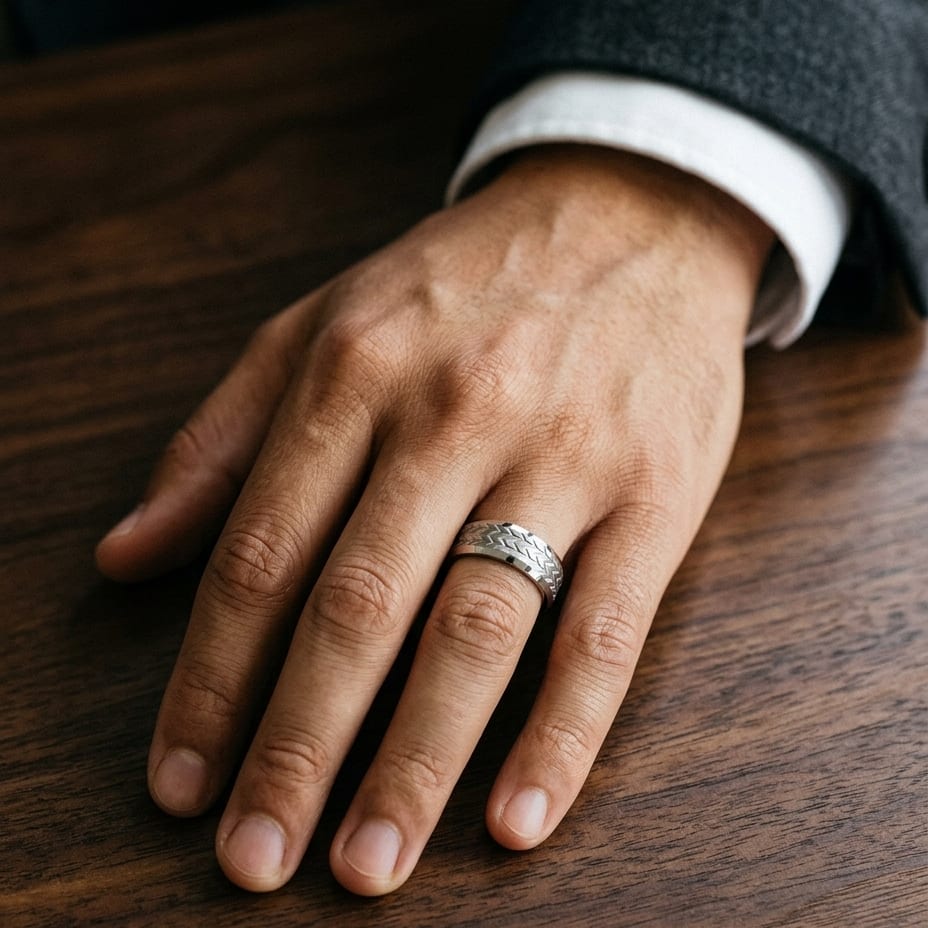 8mm Beveled Edge Treaded Carved Wedding Band in 14K White Gold, worn on hand, masculine full view