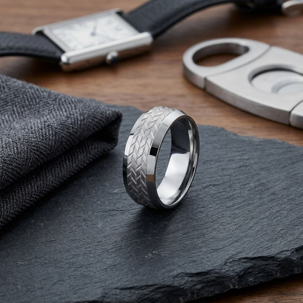 8mm Beveled Edge Treaded Carved Wedding Band in 14K White Gold, on walnut surface with pocket square