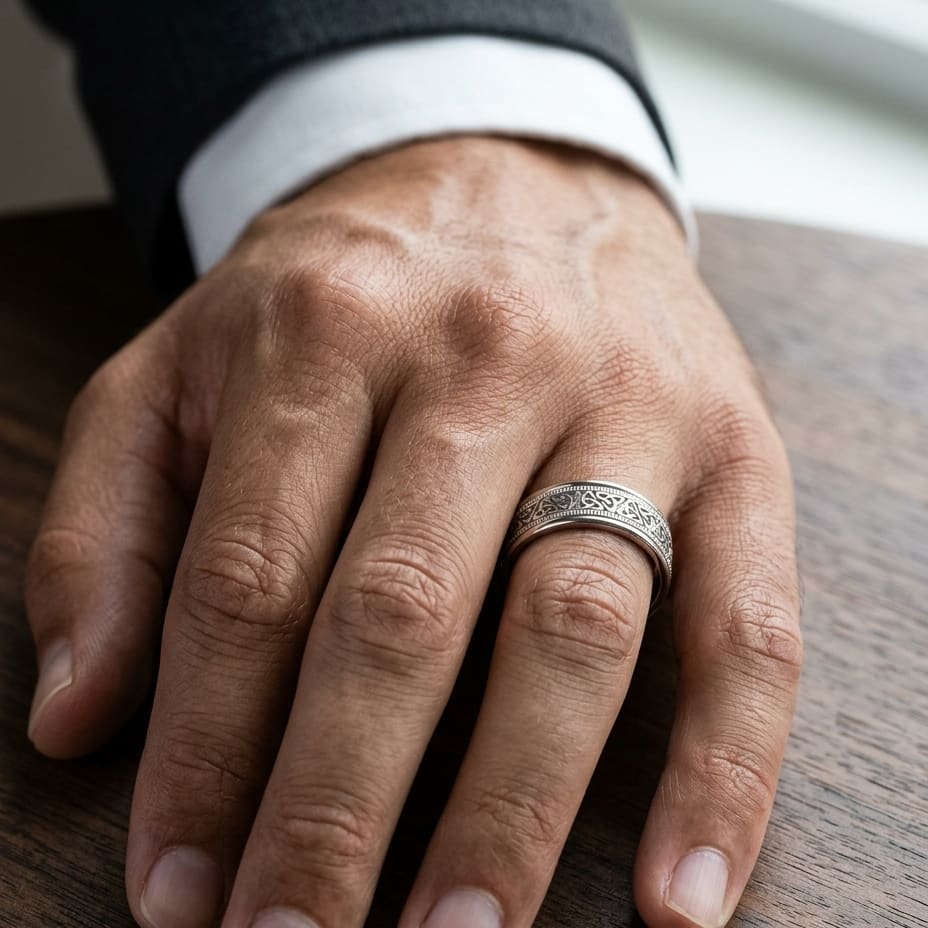 6mm Celtic Knot Carved Wedding Band in 14K White Gold, worn on hand, masculine close-up