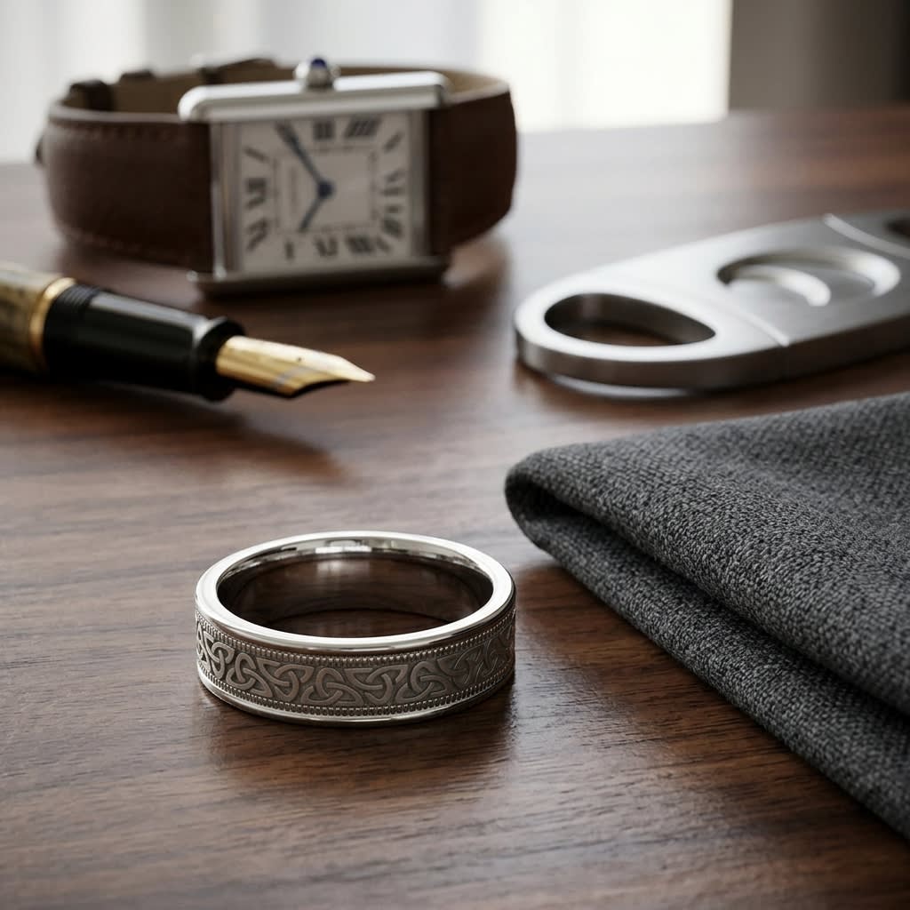 6mm Celtic Knot Carved Wedding Band in 14K White Gold, on walnut surface with pocket square