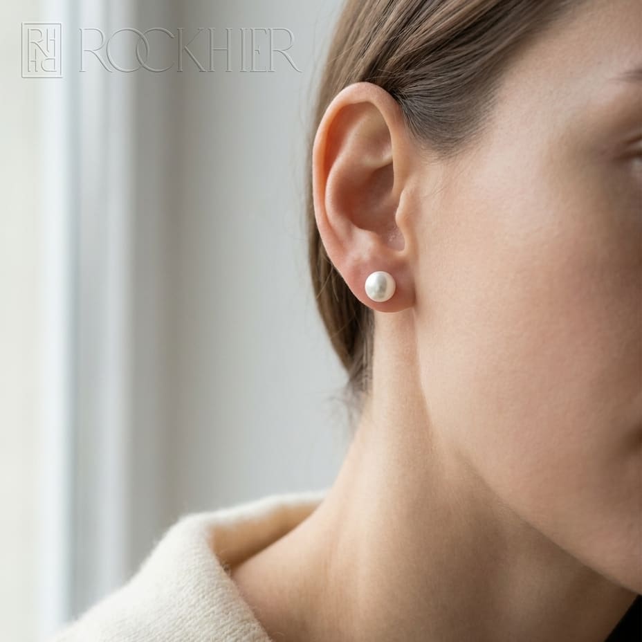 Cultured Pearl Pear Shape Stud Earrings in 14K White Gold, worn close-up portrait
