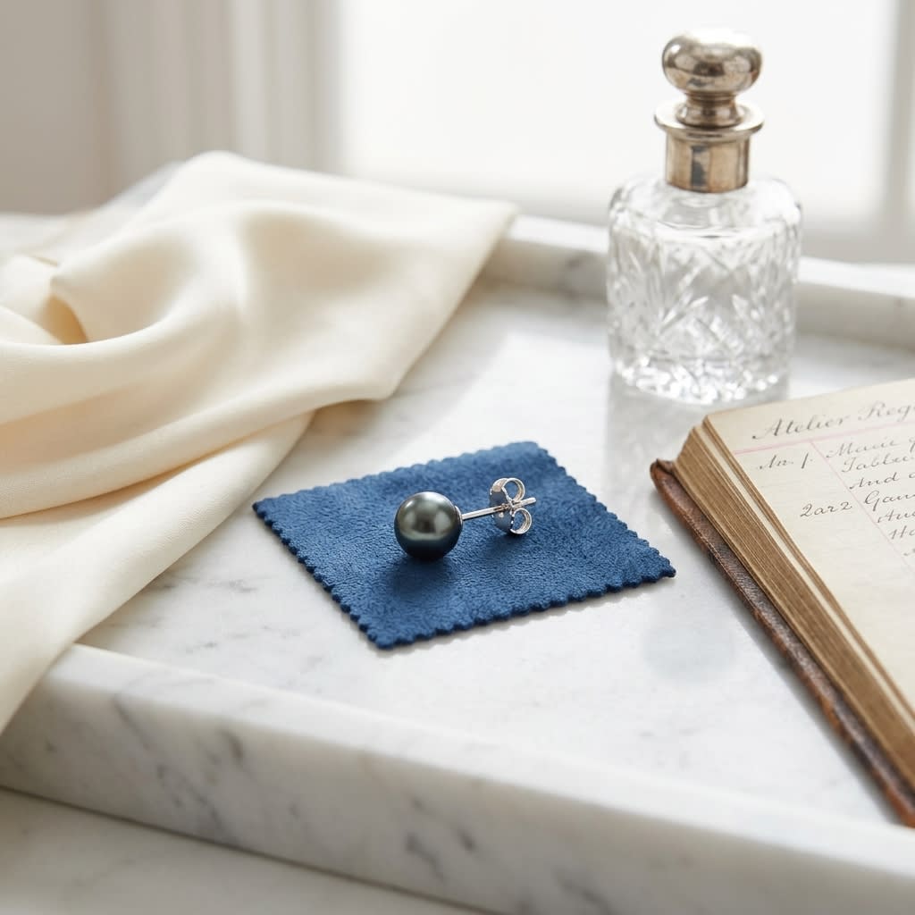 Cultured Pearl Earrings in 14K White Gold, 2.00ct, on marble vanity tray with silk