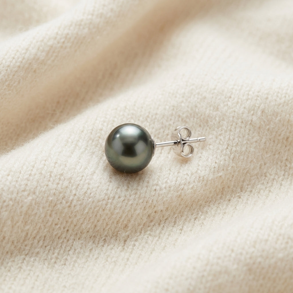 Black Sea Cultured Pearl Earrings in 14K White Gold - flat lay
